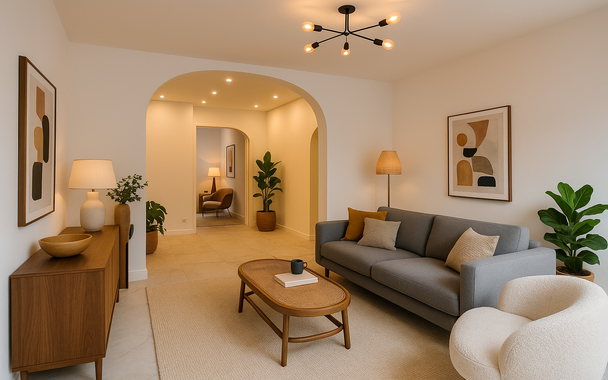 Bij het betreden van dit volledig gerenoveerde appartement wordt u verwelkomd in een stijlvolle inkomhal met een elegante, afgeronde deuropening.
Direct aan de inkom bevindt zich een bureauruimte met parketlaminaat en een gloednieuw raam, ideaal voor thui