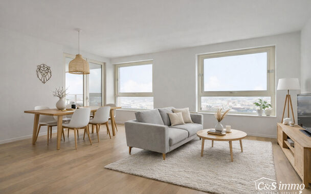 Dit instapklaar appartement (ca.94 m&sup2; ) bevindt zich op de 12e verdieping met waterzicht, op het bruisende Eilandje aan de Montevideo en op fietsafstand van het centrum. Inkomhal met toegang tot berging en apart toilet met handenwasser. Ruime woon- en ee