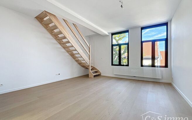 Tip top afgewerkt duplex appartement met terras en 2 slaapkamers.  Dit appartement biedt een perfecte balans tussen comfort en stijl, gelegen in de levendige en vernieuwende wijk Stuivenberg. Bij binnenkomst inkomhal met een apart toilet. De lichtrijke le