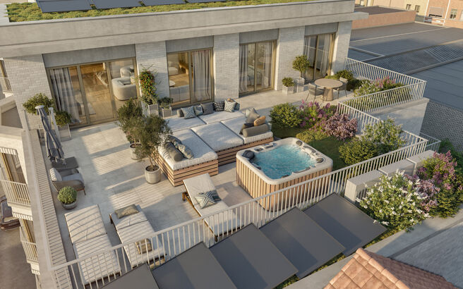 Exclusieve penthouse op een boogscheut van het eilandje.
Ontdek dit unieke appartement van (ca. 138 m²) met een uitzonderlijk terras met jacuzzi van (ca. 79 m²).
Project 30Noord wordt omringd door bestaande én nieuwe groene zones zoals Park Spoor N