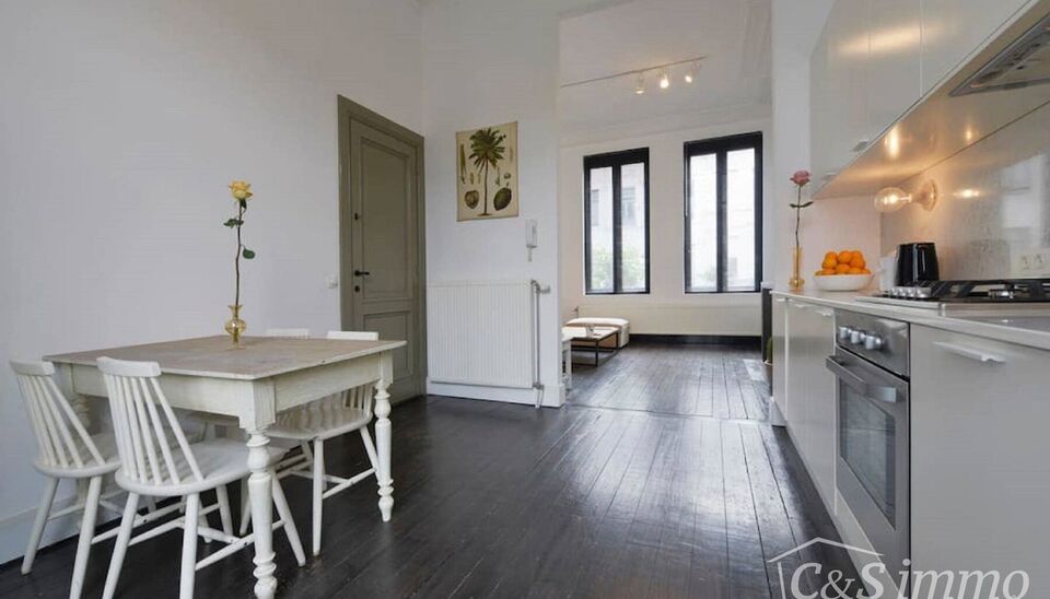 Knap bemeubeld appartement op het hippe Zuid. Vooraan ruime woonkamer (ca. 24m²) met veel natuurlijk licht op authentieke plankenvloer. Zeer groot ruimte gevoel dankzij de hoge plafonds. Aansluitend design leef-keuken voorzien van alle toestellen : koelk