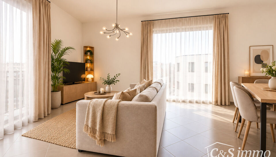 Twee slaapkamer appartement met lift. Via de gang komen we rechtstreeks in de ruime lichtrijke woonkamer op keramische tegelvloer (ca.34m&sup2;) met aansluitend de ingerichte keuken  (ca 8m&sup2; ) met koelkast, keramisch kookvuur, dampkap, ingebouwde vaatwasmach