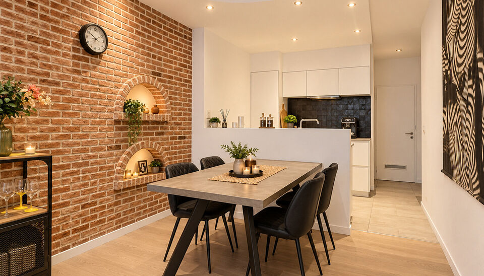 Dit charmante en instapklare appartement combineert een warme uitstraling met een praktische indeling. De karaktervolle bakstenen accentmuur, grote raampartijen en mooie lichtinval geven de leefruimte meteen een gezellige en authentieke sfeer.
De ruime wo