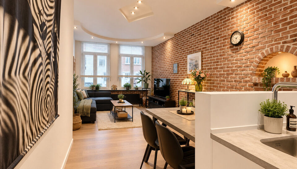 Dit charmante en instapklare appartement combineert een warme uitstraling met een praktische indeling. De karaktervolle bakstenen accentmuur, grote raampartijen en mooie lichtinval geven de leefruimte meteen een gezellige en authentieke sfeer.
De ruime wo