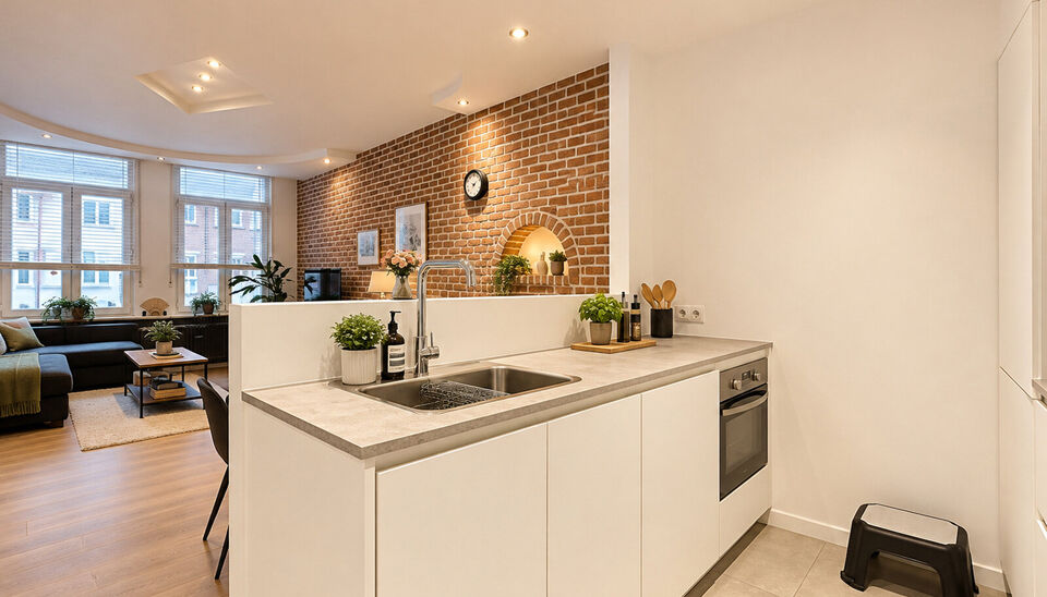 Dit charmante en instapklare appartement combineert een warme uitstraling met een praktische indeling. De karaktervolle bakstenen accentmuur, grote raampartijen en mooie lichtinval geven de leefruimte meteen een gezellige en authentieke sfeer.
De ruime wo