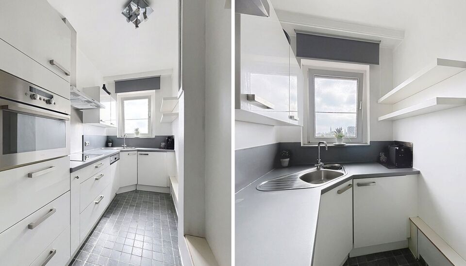Lichtrijk appartement op de 6e verdieping met een aangenaam en open uitzicht. Bij het binnenkomen van dit appartement betreedt u de inkomhal (ca5 m²), uitgerust met praktische ingebouwde kasten. De woonkamer (ca. 28 m²) is voorzien van een onderhoudsvri