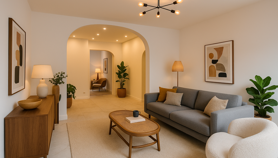 Bij het betreden van dit volledig gerenoveerde appartement wordt u verwelkomd in een stijlvolle inkomhal met een elegante, afgeronde deuropening.
Direct aan de inkom bevindt zich een bureauruimte met parketlaminaat en een gloednieuw raam, ideaal voor thui