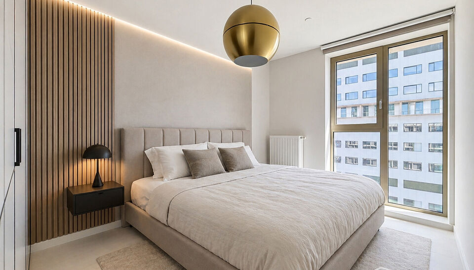 Luxe nieuwbouw appartement op de 20e verdieping met 270 graden uitzicht over Antwerpen, Park Spoor Noord, het Eilandje en de dokken. De lichtrijke leefruimte (ca. 26 m&sup2;) met open  keuken (ca. 6 m&sup2;) is voorzien van een keramische kookplaat, dampkap, koel
