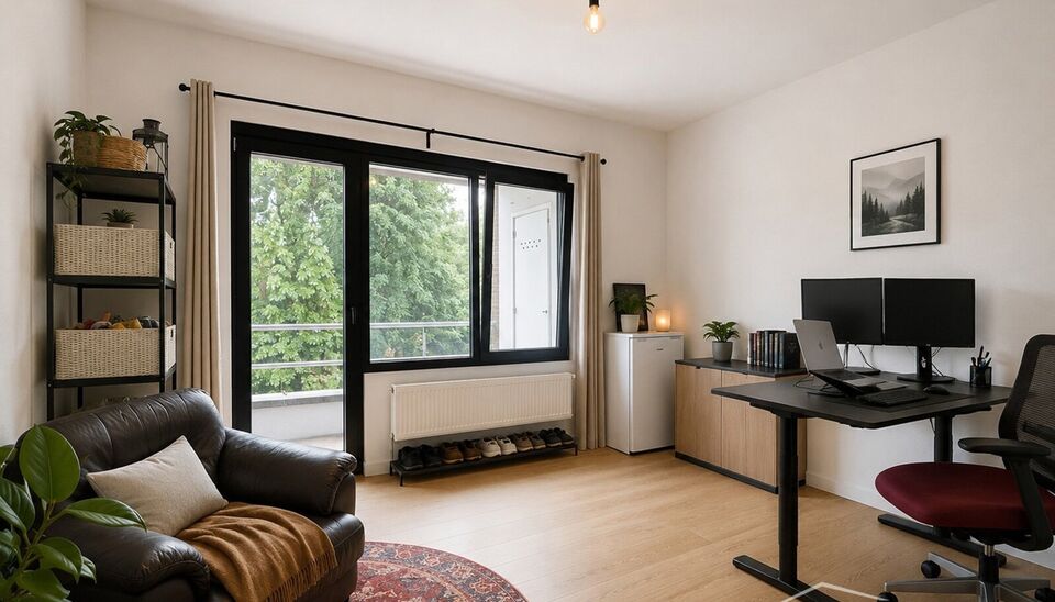 Stijlvol gerenoveerd appartement op de tweede verdieping van een kleinschalig gebouw.
Inkomhal, lichtrijke leefruimte (31 m&sup2;), afgewerkt met een mooie laminaatvloer. De grote vernieuwde ramen zorgen voor overvloedig natuurlijk licht en een open gevoel.
D