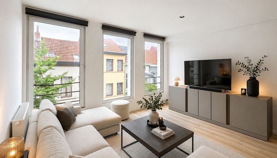 Mooi appartement op de tweede verdieping met een riant terras. Inkomhal, lichtrijke leefruimte (ca 37m&sup2;) met een open ge&iuml;nstalleerde keuken. De moderne keuken is uitgerust met keramische kookplaat, oven, dampkap, vaatwasser en koelkast met vriesvak. Van
