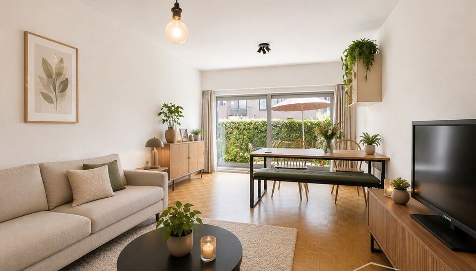 Dit aangename gelijkvloerse appartement combineert een praktische indeling met veel lichtinval en fijne buitenruimtes.
Bij binnenkomst verwelkomt de hal met praktische maatkasten u met heel wat extra opbergruimte. De ruime leefruimte biedt plaats voor een