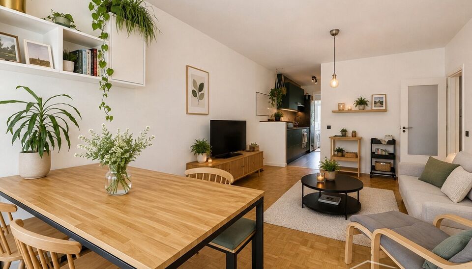 Dit aangename gelijkvloerse appartement combineert een praktische indeling met veel lichtinval en fijne buitenruimtes.
Bij binnenkomst verwelkomt de hal met praktische maatkasten u met heel wat extra opbergruimte. De ruime leefruimte biedt plaats voor een