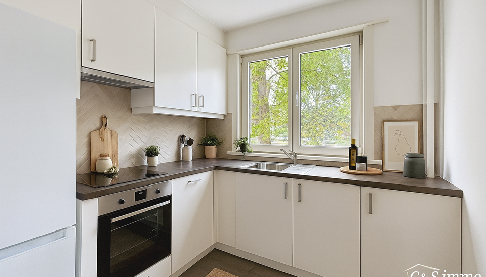 Licht appartement op wandelafstand van het Te Boelaarpark en diverse winkels.
De inkomhal leidt naar de woon- en eetkamer (ca. 23 m&sup2;) met laminaatvloer, aansluitend aan de praktische hoekkeuken. Het appartement beschikt over 2 slaapkamers (ca. 13 m&sup2; - 5