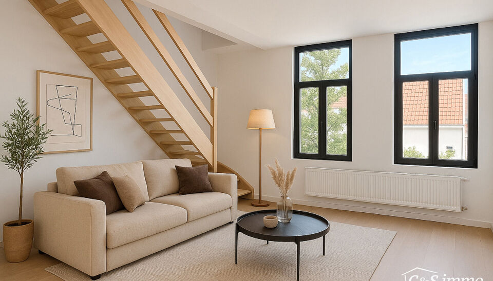 Tip top afgewerkt duplex appartement met 2 slaapkamers.  Dit appartement biedt een perfecte balans tussen comfort en stijl, gelegen in de levendige en vernieuwende wijk Stuivenberg. Bij binnenkomst inkomhal met een apart toilet. De lichtrijke leefruimte o