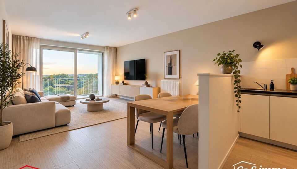 Dit energiezuinig appartement bevindt zich in een recent gebouw (2018) nabij het prachtige Rivierenhof. U betreedt het appartement via de inkomhal (ca.7 m&sup2;) met voldoende kastruimte en apart toilet. Lichtrijke woonkamer op keramische parket met een open 