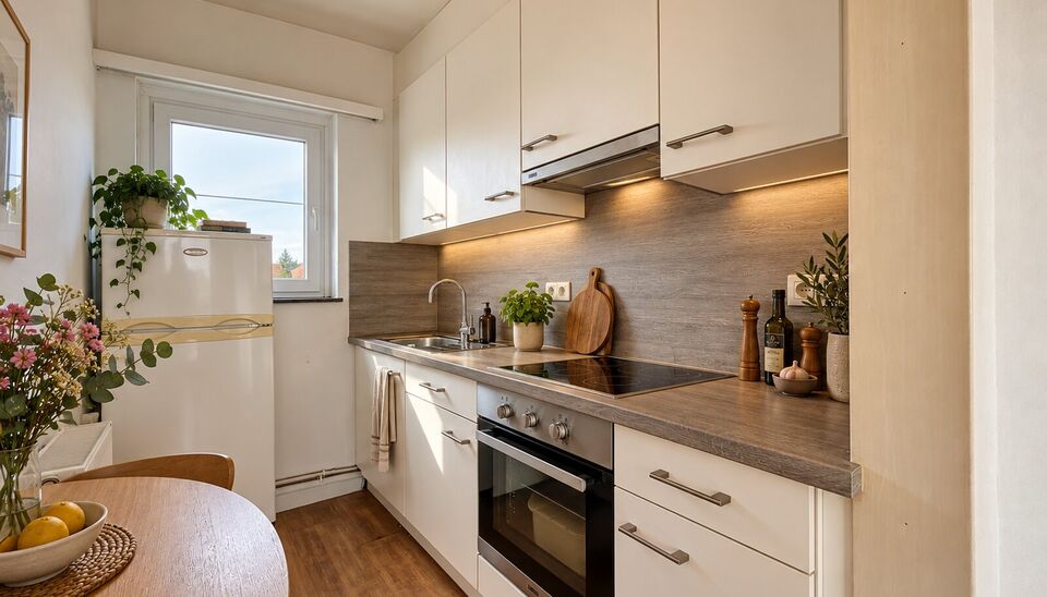Instapklare &eacute;&eacute;nslaapkamerappartement op de vierde en bovenste verdieping van een kleinschalig gebouw met lift.
Via de inkomhal met apart toilet bereikt u de lichtrijke woonkamer (ca. 18 m&sup2;), afgewerkt met laminaat en genietend van een mooi open uitzich