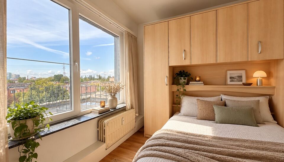 Instapklare &eacute;&eacute;nslaapkamerappartement op de vierde en bovenste verdieping van een kleinschalig gebouw met lift.
Via de inkomhal met apart toilet bereikt u de lichtrijke woonkamer (ca. 18 m&sup2;), afgewerkt met laminaat en genietend van een mooi open uitzich