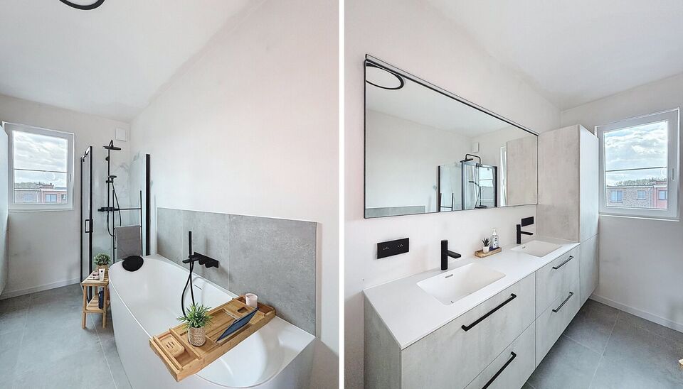 Gezellige woning met zonnige tuin, gelegen aan de toekomstige 'Merksemse tuinen'. Inkomhal met gastentoilet, voorzien van een handenwasser, en een praktische vestiaire. Op de eerste verdieping bevindt zich een ruime en lichtrijke leefruimte (ca. 37 m&sup2;), 