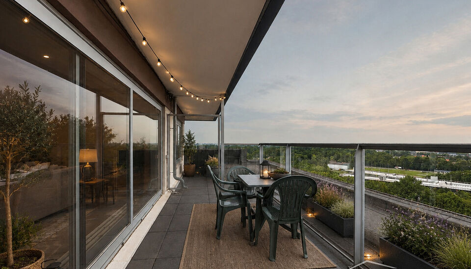 Dit lichtrijke appartement op de 16de verdieping biedt een uniek panoramisch uitzicht over de skyline van Antwerpen. Bij binnenkomst word je verwelkomd in een ruime inkomhal met praktische maatkast en directe toegang tot alle ruimtes.

De woonkamer geniet