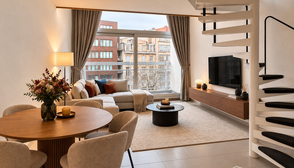 Duplex studio met terrasje (zuid gericht)  nabij centraal station, autostrade en de winkels. In een goed onderhouden gebouw, gelegen op de 4e verdieping. Inkomhal met apart toilet en vestiaire, open keuken met kookplaat, dampkap en ijskast. Lichte woon- e