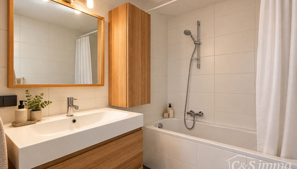 Duplex studio met terrasje (zuid gericht)  nabij centraal station, autostrade en de winkels. In een goed onderhouden gebouw, gelegen op de 4e verdieping. Inkomhal met apart toilet en vestiaire, open keuken met kookplaat, dampkap en ijskast. Lichte woon- e