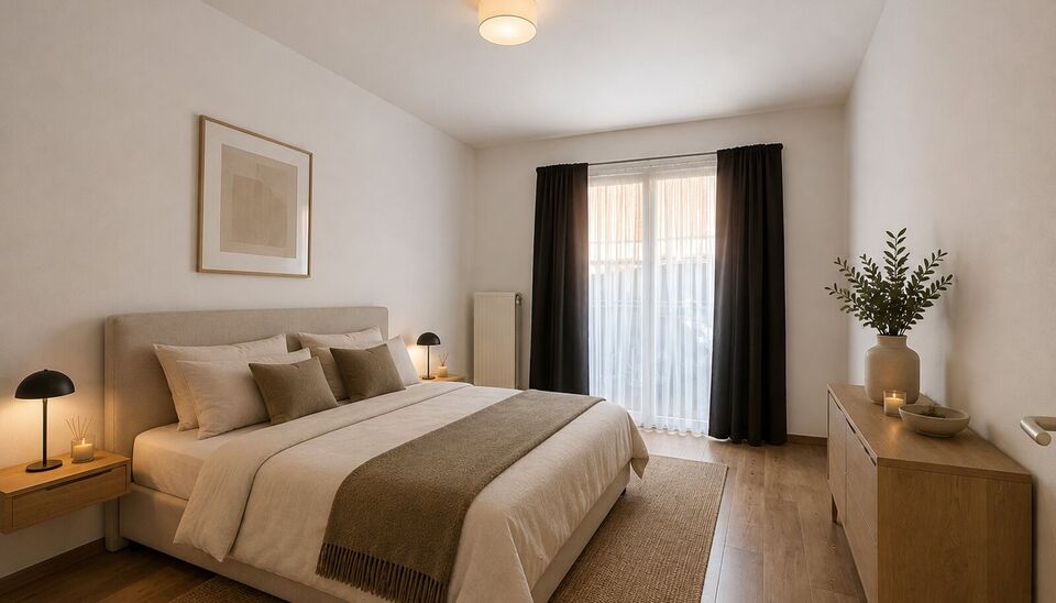 Dit ruime en lichtrijke gelijkvloers appartement combineert een praktische indeling met heel wat extra mogelijkheden.
Via de inkomhal kom je binnen in de ruime leefruimte met grote raampartijen die voor veel natuurlijk licht zorgen. Aansluitend bevindt zi