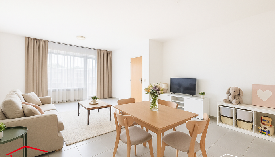 Ontdek dit appartement op de gelijkvloerse verdieping van een kleinschalig gebouw in een rustige straat. 
Via de inkom, voorzien van berging en privé toilet komen we bij de ruime en lichtrijke woonkamer (ca 40m²) met aansluitend een gesloten keuken voor