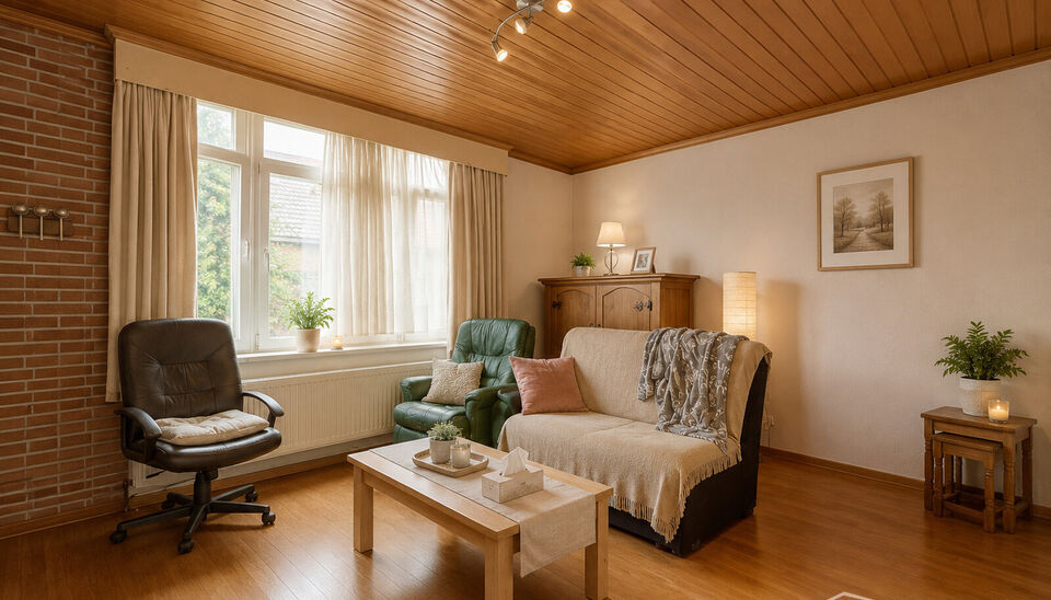 Via de inkomhal krijg je toegang tot de drie slaapkamers op de benedenverdieping. Aansluitend vind je een ruimte met toilet en douchekamer mogelijkheden, verder komt u in de veranda die uitgeeft op de gezellige tuin. Op de eerste verdieping komt u de woon