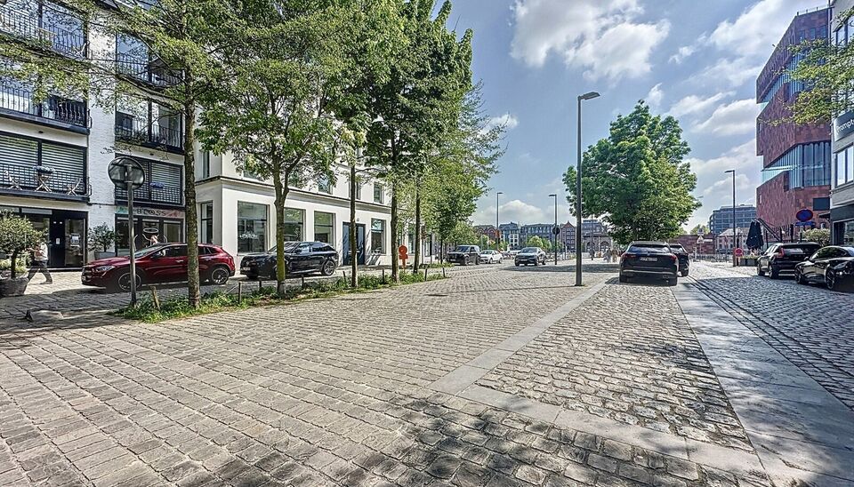 Dit stijlvol afgewerkt studioappartement op de derde verdieping combineert comfort, licht en een topligging op een boogscheut van het MAS en het bruisende Eilandje. 
De leefruimte met open keuken (32 m²) is volledig voorzien van hoogwaardige parketvloere