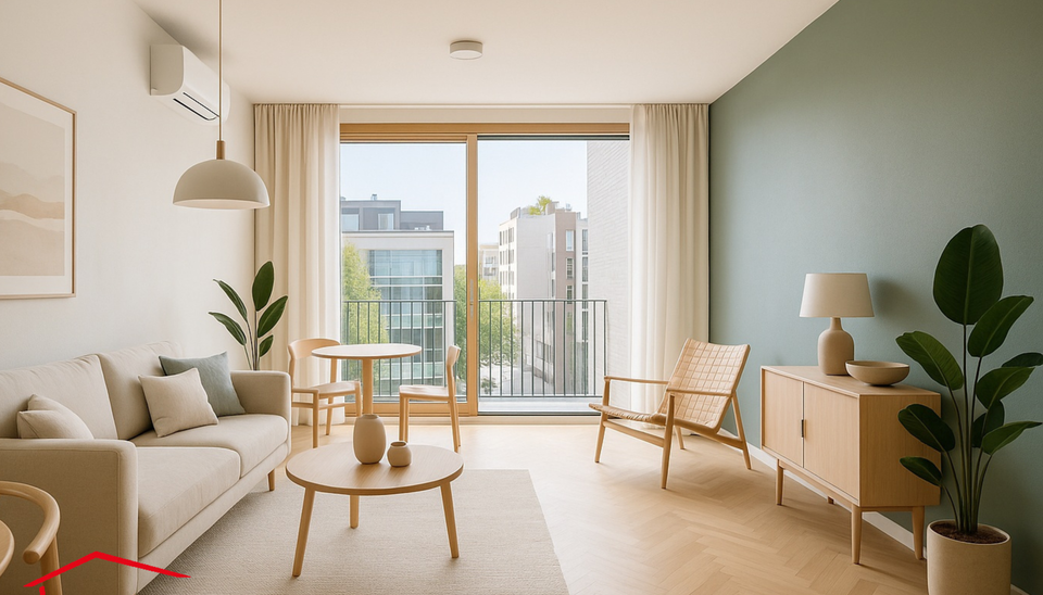 Deze studio ligt vlakbij het stadspark en het mooie Zurenborg en biedt een mooi uitzicht over de stad vanuit de 7e verdieping.
Vanop het zuidwestelijk georiënteerde terras geniet u van een open zicht alsook zijzicht op het park. 
Lichtrijke woonkamer op 